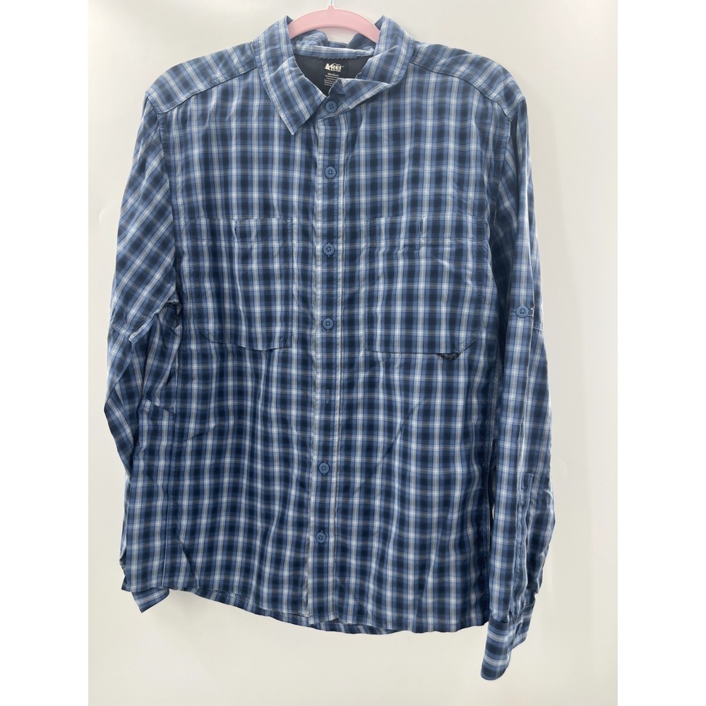 REI Co-op Mens Blue Plaid Long Sleeve Hiking Shirt Roll Tab Medium